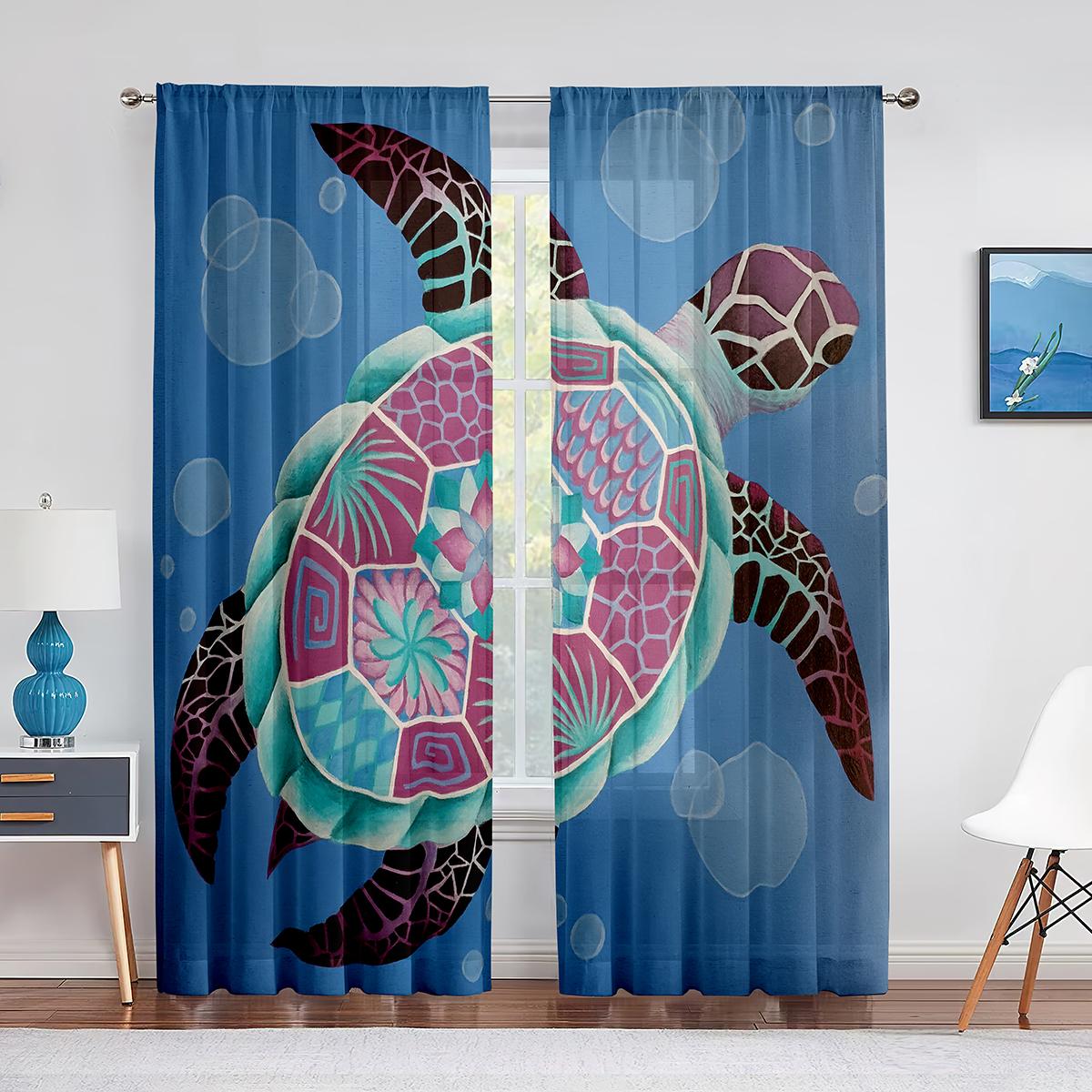 

Красочные морские черепахи акварельные морские животные прозрачные вуалевые шторы для кухни гостиной спальни декор тюль шторы окна 1 PCS W100XH250cm&Grommet Top