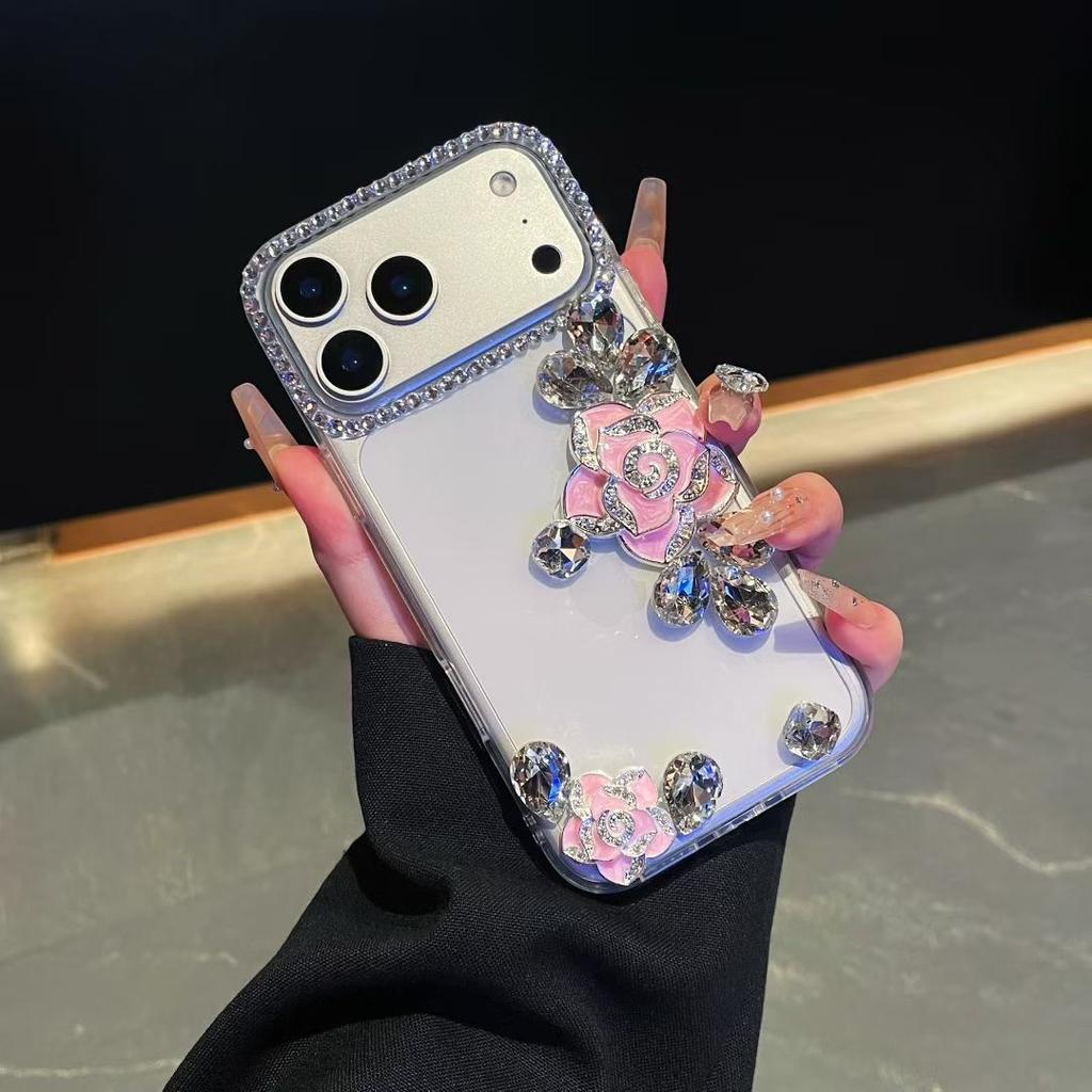 For Apple Ins Style Transparent Mobile Phone Case for IPhone17 Rhinestone 16 Rose Three-dimensional 15 Light Luxury Xsmax Hard