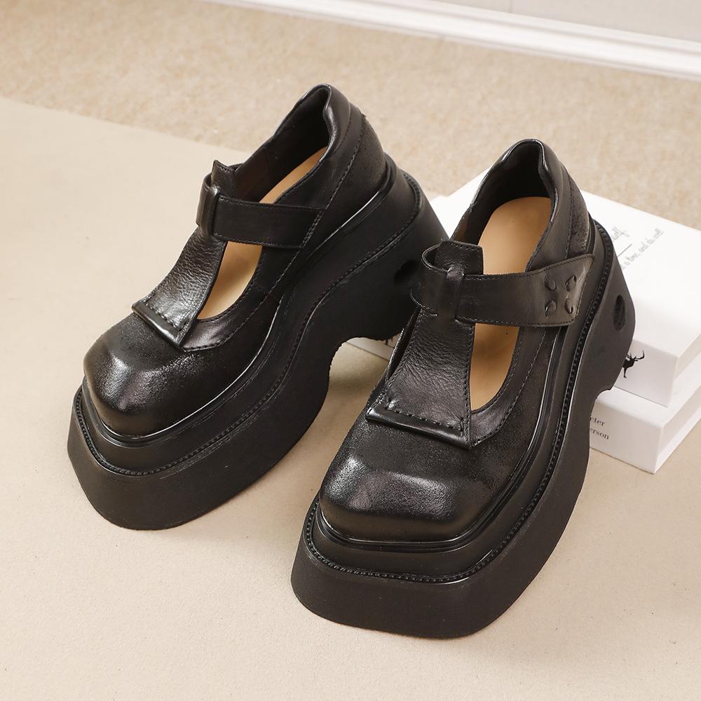 Fashion GKTINOO Vintage Thick Sole Square Toe Pumps 2025 Spring New Genuine Leather Heightening Women's Platform Shoes