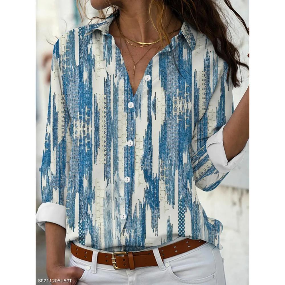 Four Seasons Women's Fashion Shirt New Printed Top Slim Fit Comfortable Women's Button V-neck Casual Loose Long Sleeve Shirt