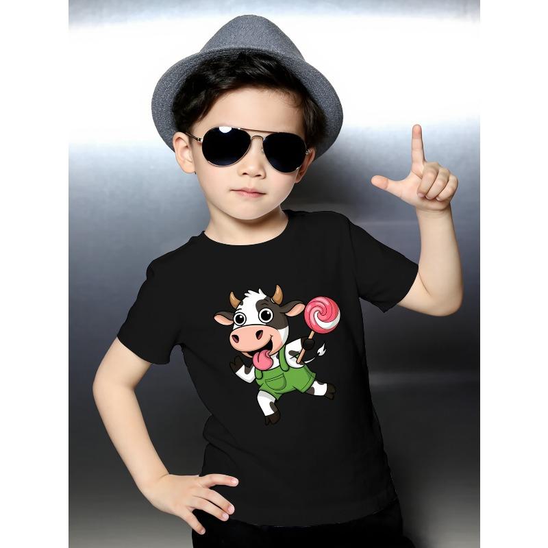European Size Boys Round-neck Short-sleeved T-shirt with Cartoon Cow Holding Lollipop Pattern Print
