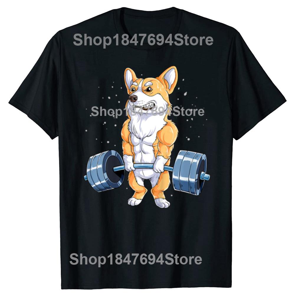 Corgi Weightlifting Funny Deadlift Graphic Cotton Tshirts Unisex Womens Fashion Casual Tshirt Loose Oversized Streetwear T Shirt