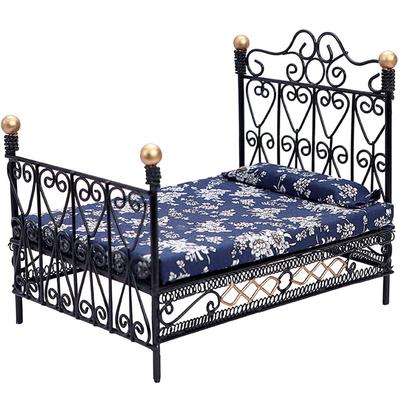 Moin moin Miniaturmöbel 112 1:12 Puppenhaus-Bettgestell (mit Futon & Kissen) gothisch schwarz gold floral blau marine Blume antik retro 2311mini35