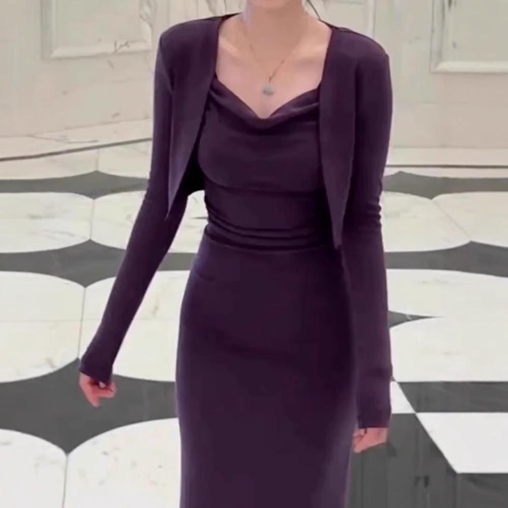 

Women s Purple Bodycon Dress Set - New Autumn 2024 Sexy Slimming Long Style S