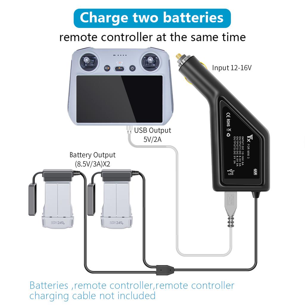 Battery Car ChargerAdapter for Mini 3 Pro/MINI 3 Drone Rapid Battery Charger 2 Batteries & Remote Intelligent Charger