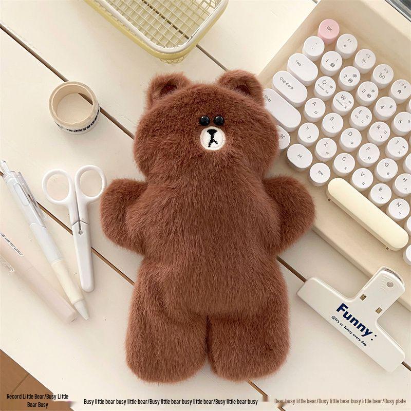 Brown Bear Plush Pencil Case for Teens – Cute Xiaohongshu Stationery & Makeup Organizer