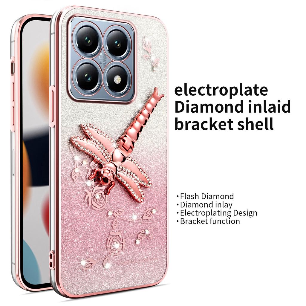 KADEM For Xiaomi 15T Case Dragonfly Kickstand TPU Flowers Glitter Phone Cover