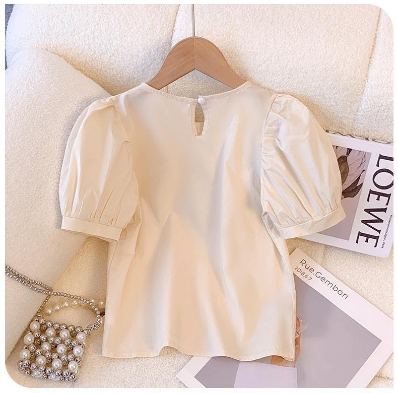 2024 Summer Girls' Stylish Casual Two-Piece: Bubble Sleeve Top & Suspender Dress