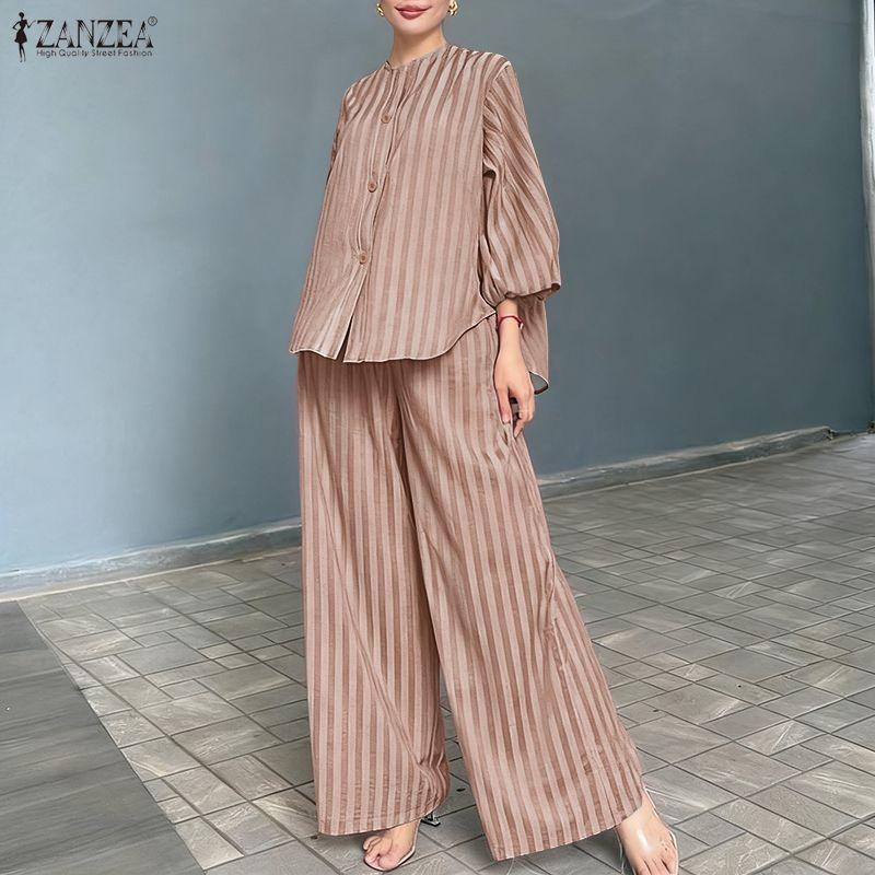 ZANZEA Bluză cu mânecă lungă și pantaloni Costum casual cu două piese cu dungi
