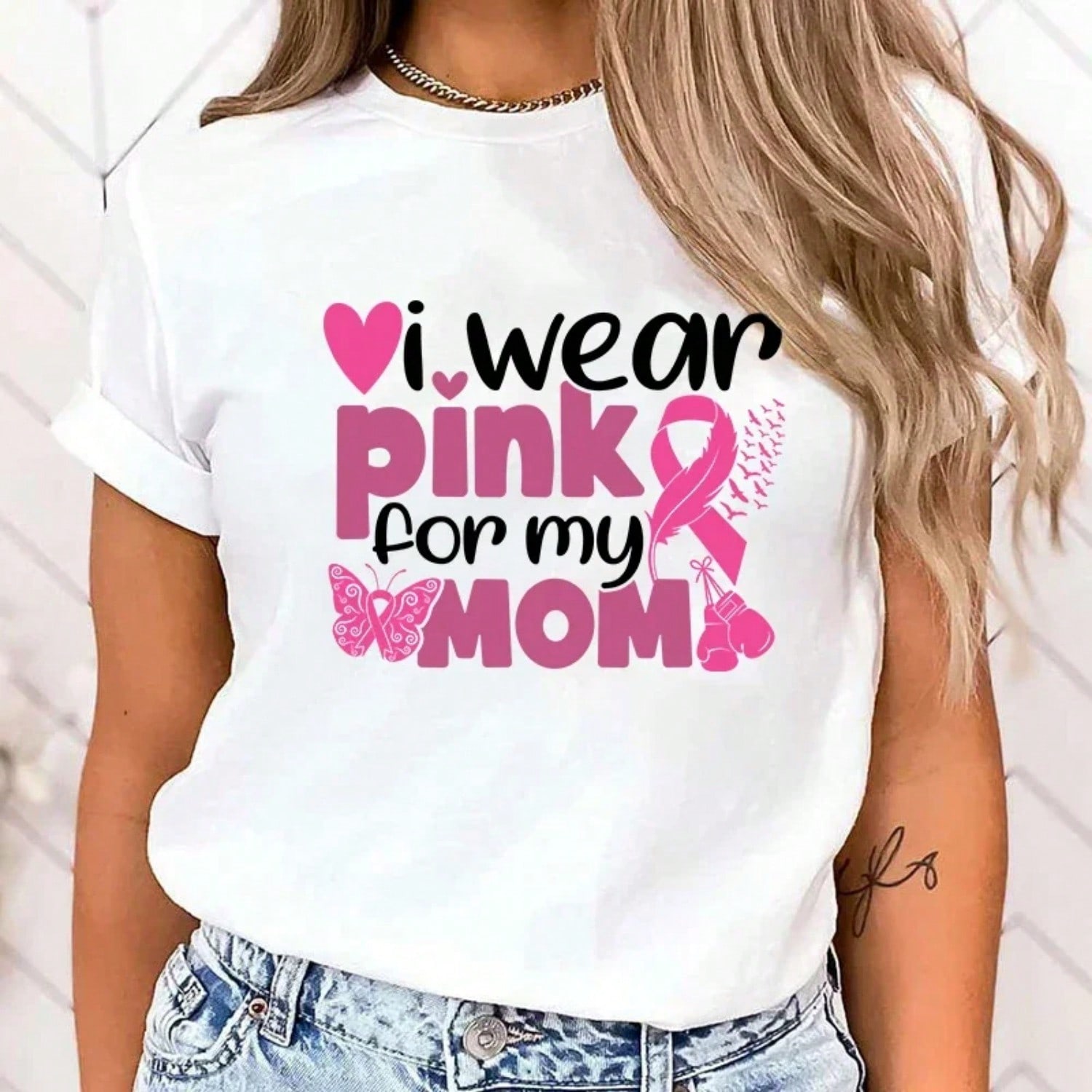 (High Quality T Shirt)Breast Cancer Awareness I Wear Pink For My Mom Letter Printed unisex T-Shirts Breast Cancer Awareness Tops S разноцветный