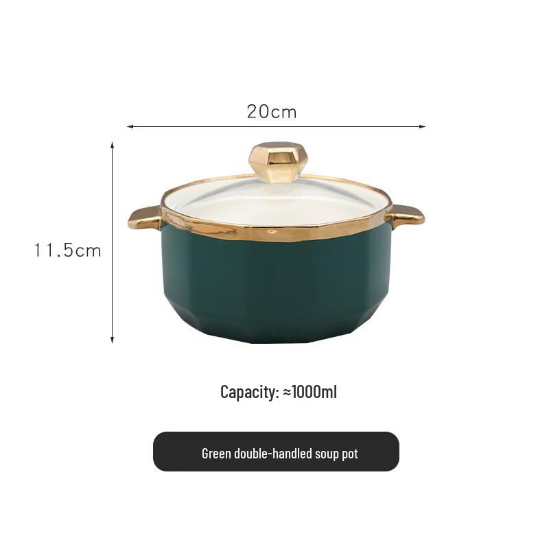 Abay Emerald Green Gold Rim Ceramic Noodle Bowl with Lid