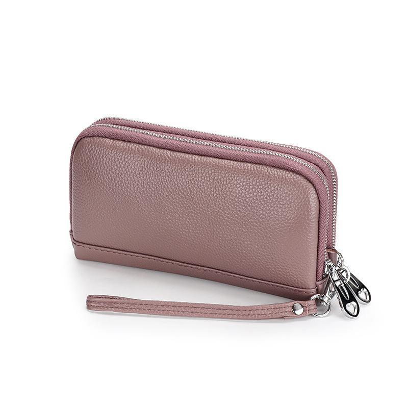 Women Genuine Leather Long Wristlet Clutch Purse 2 Layer Zipper Easy To Clean Phone Cash Bag for Mom Daily Use