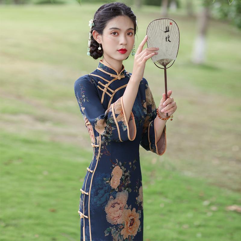Qipao Spring and Autumn Chinese Style Vintage Print Slim High End Improved Cheongsam Dress for Women