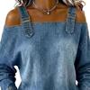 Women Shirt Adjustable Straps Off Shoulder Long Sleeve Pullover Tops Pure Color Denim Tops Travel Leisure Daily Wear