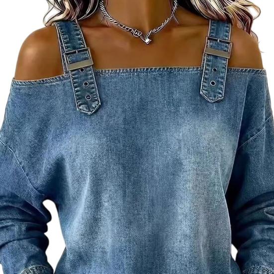 Women Shirt Adjustable Straps Off Shoulder Long Sleeve Pullover Tops Pure Color Denim Tops Travel Leisure Daily Wear