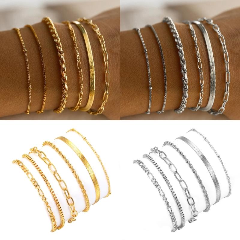6 Pieces Waterproof 14K Gold Plated Stackable Bracelets for Women Dainty Cuban Link Paperclip Chain Jewelry Set