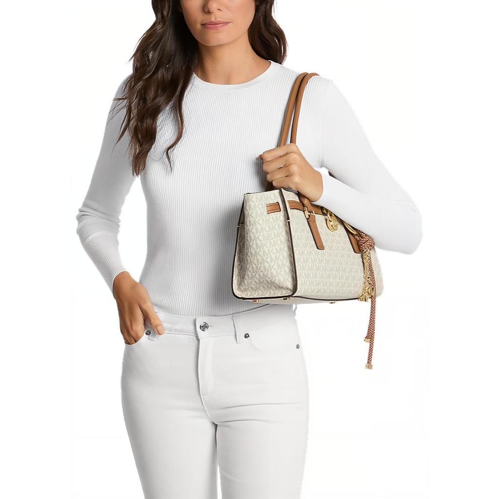 Michael Kors M K Hamilton Logo Coated Canvas Gold Lock Decoration Shoulder Bag Small Women Shoulder Bag Vanilla-White Acorn-Brown 30F5GNXT0B-1546