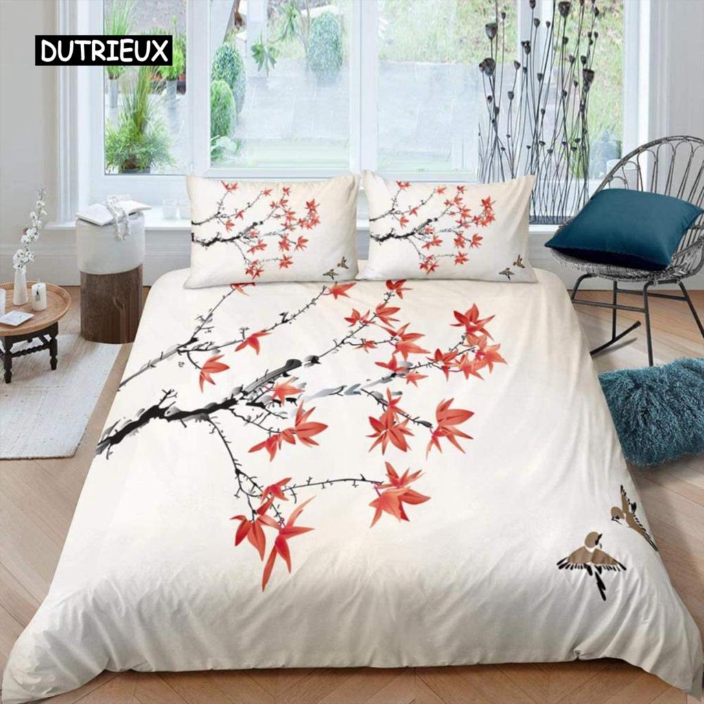 Maple Leaves Duvet Cover Set Colorful Autumn Season Maple Leaves In Unusual Designs Nature Print King Size 2/3pcs Bedding Set
