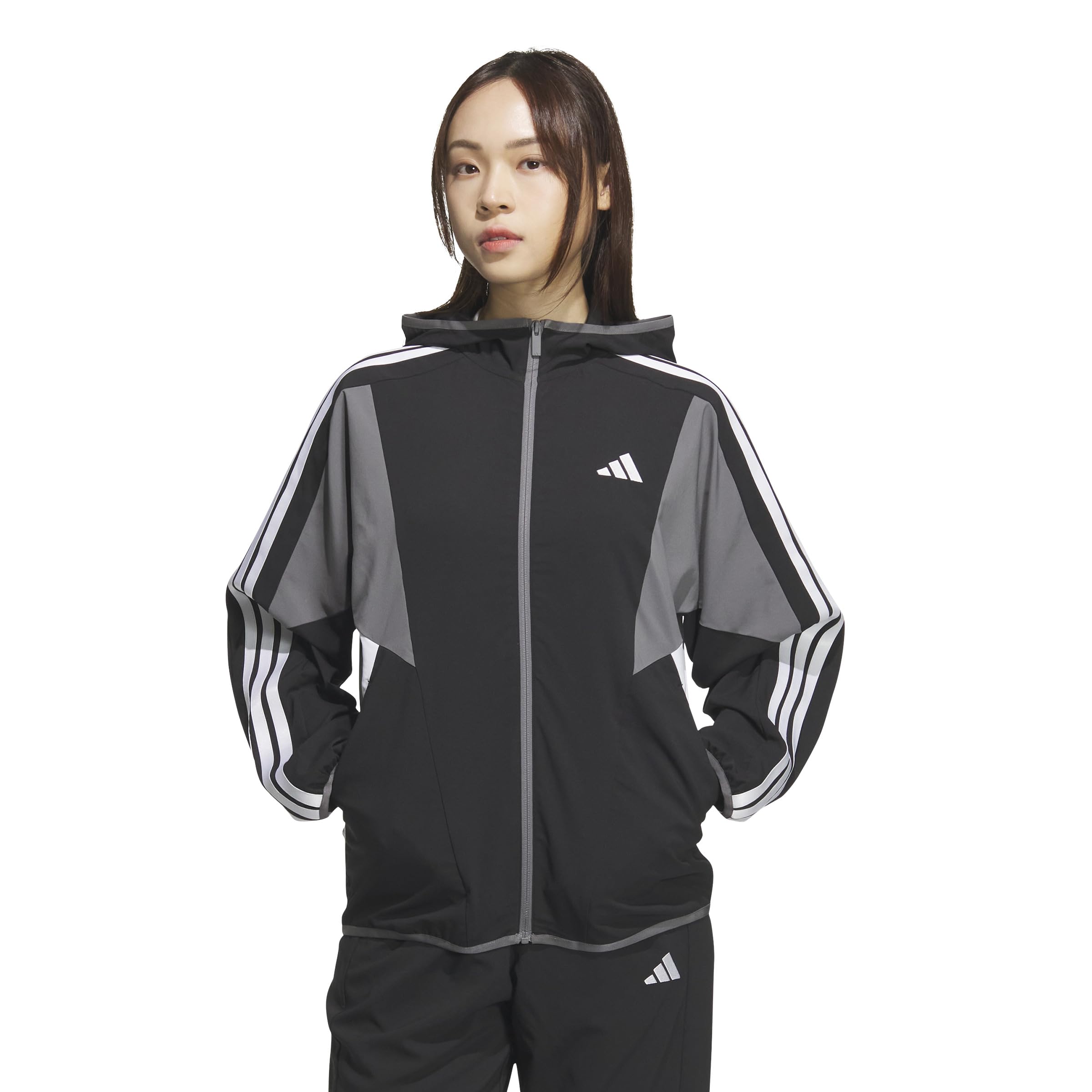 

Adidas JSY05 Seasonal Sportswear Loose Fit Color Block Hooded Cross Black Women s Jacket, (JN9998)
