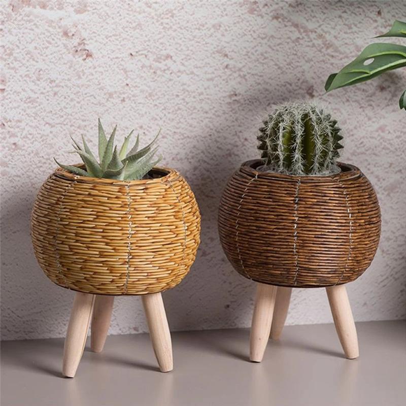 AD23-Vintage Imitation Rattan Woven Flower Shelf Planters Handmade Storage Basket With Wooden Legs Plant Pot Stand Holder Durabl