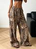 Women American Retro Branch Print Wide Leg Long Pants, Drawstring Waistband Casual Streetwear Trousers For Ladies