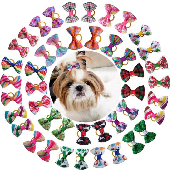 10Pcs Pet Hair Bows Multi-color Dress-up Soft Fashion Pet Puppy Bowknot Hair Band for Holiday