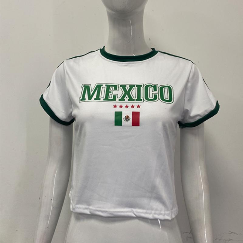 T-shirt pullover estiva europea e americana con stampa di lettere, ombelico scoperto, scollo rotondo sexy