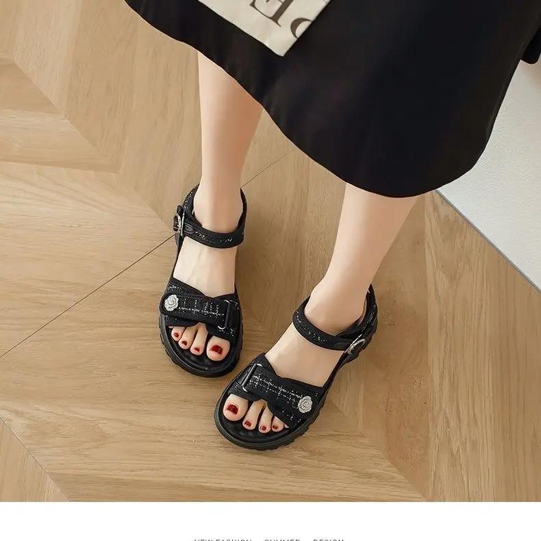 Platform Women's Sandals Korea Casual Ladies Shoes 2024 Trending Luxury Sandal Original High Quality Footwear Comfort Or On Sale