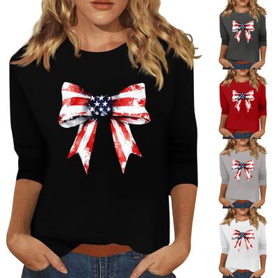 Damenmode, lässig, Rundhalsausschnitt, 3/4-Ärmel, lockeres T-Shirt mit Aufdruck zum Unabhängigkeitstag, Damenoberteil