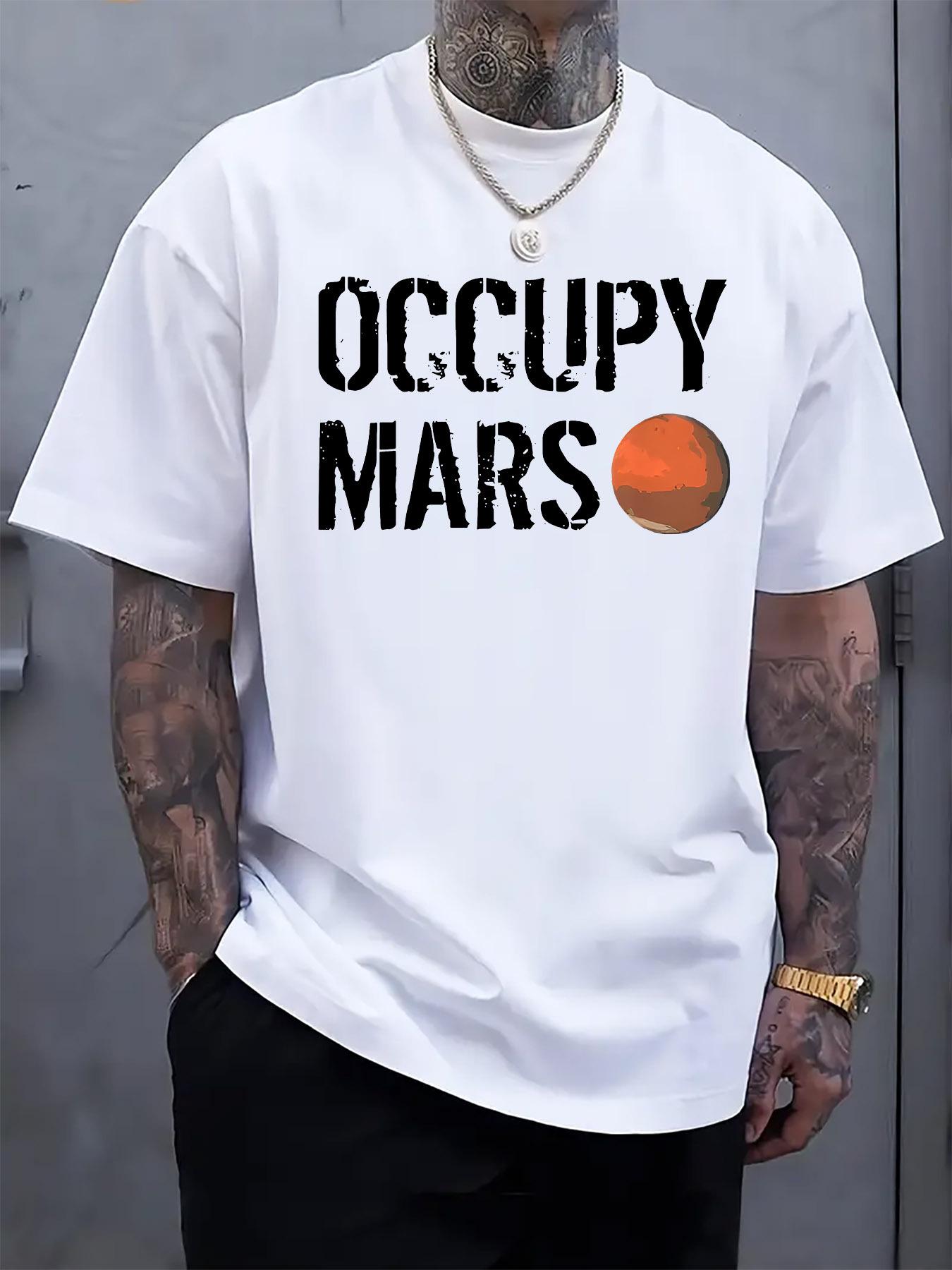 

Occupy Mars Graphic Print Short Sleeve T-shirt - Light Grey Regular Fit Casual Tee with Orange Planet Design XL