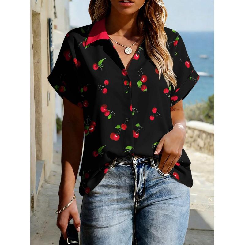 Floral Print Womens Loose Fit Short Sleeve V-Neck Top - Sleeveless Button-Free Casual Shirt Street Style