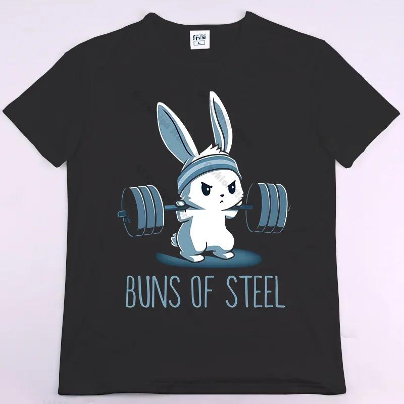 BUNS OF STEEL Rabbit Fitness Funny Gym Rat  Bodybuilding Crewneck T Shirt Casual Short Sleeve Oversized TShirt