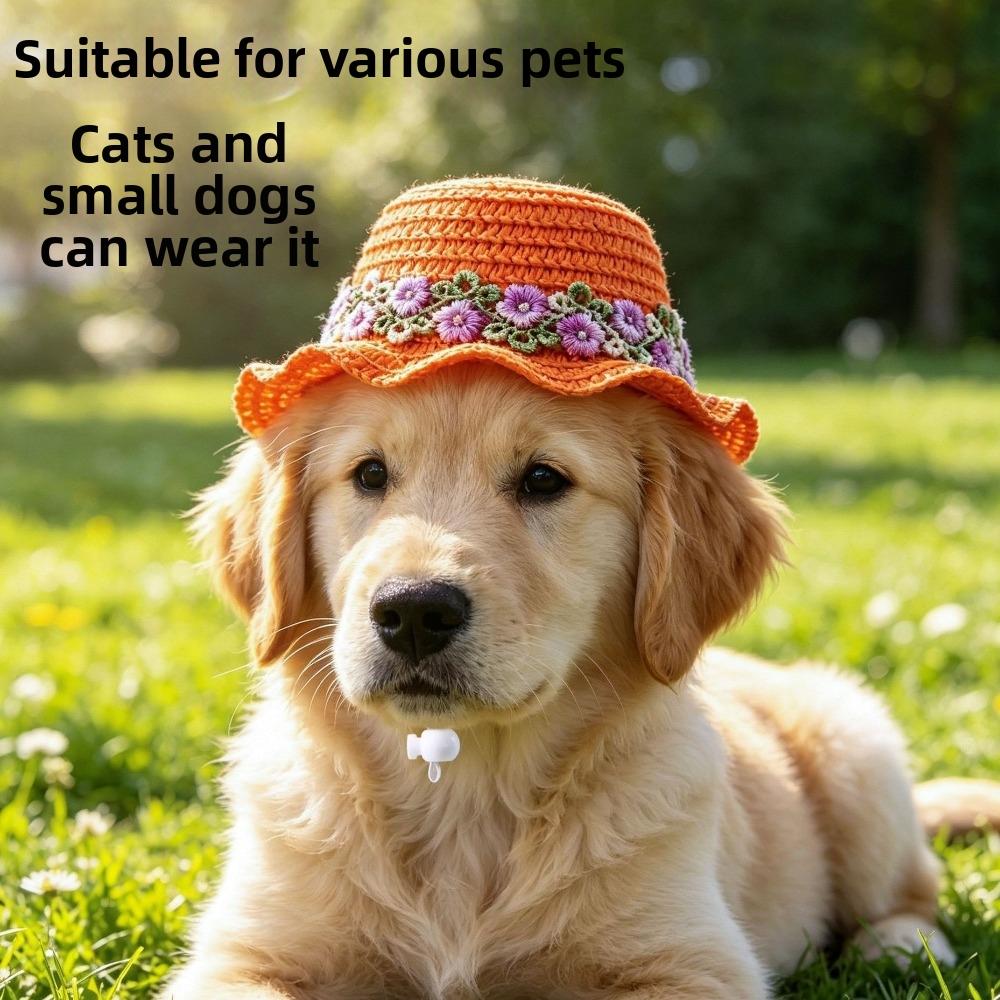 Embroidered Floral Pastoral Style Pet Straw Hat Adjustable Pet Sunshade Hat Dog Fisherman Hat Park