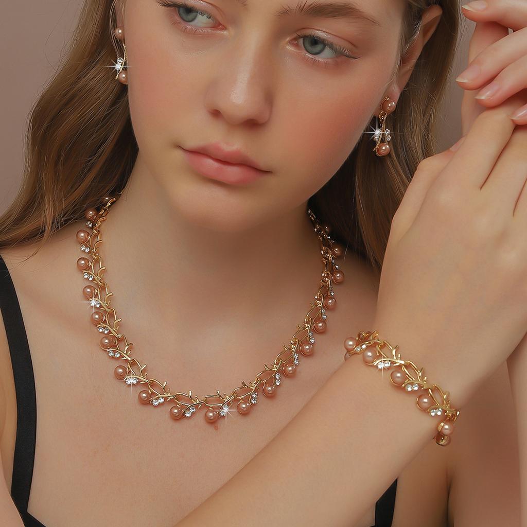 Pearl Necklace Set Women'S Alloy Diamond Necklace Earrings Bridal Premium Two-Piece Set