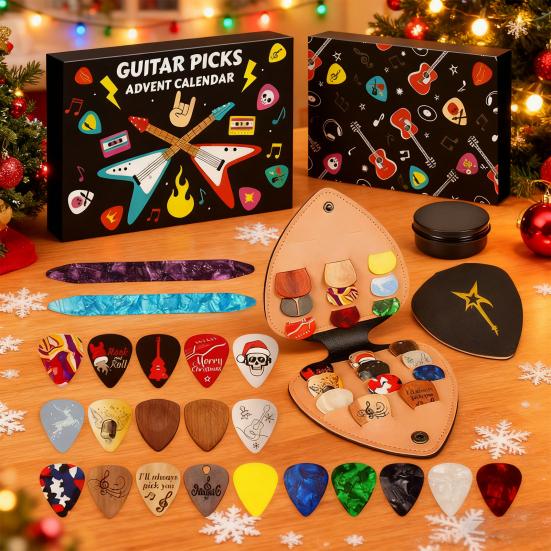 Yousheng Gitar Pena Takvimi 2025 24 Gün Geri Sayım 20 Gitar Pena 2 Ud Pena Suni Deri Pena Tutucu Metal Kasa Noel Hediyeleri