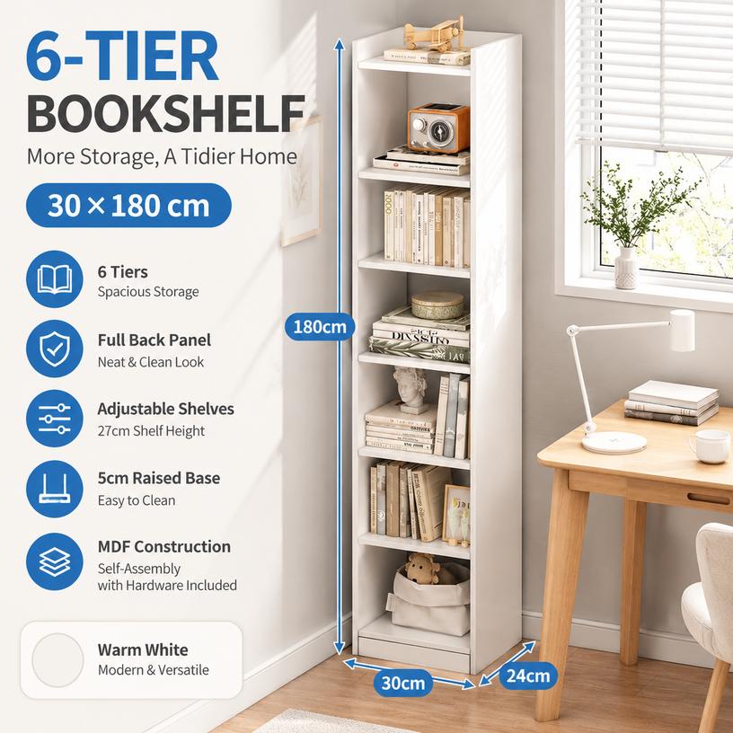 Freestanding Bookshelf Storage Shelf, Warm White, MDF, Full Back Panel, Adjustable Shelves