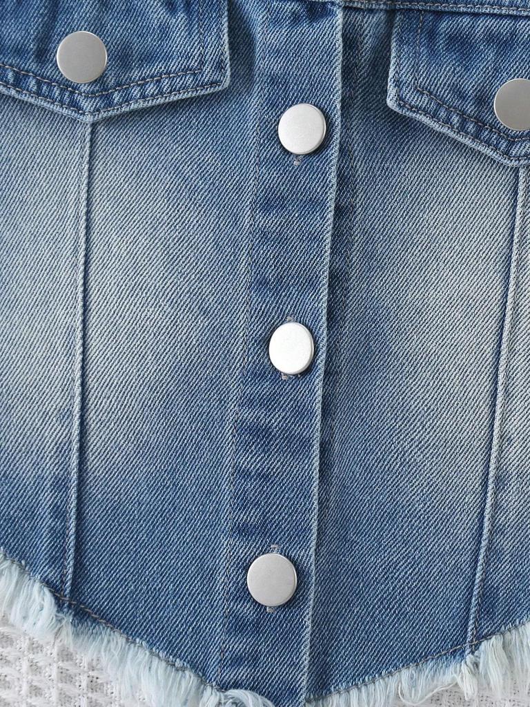 Two-piece Girls' Outdoor Everyday Casual Wear Set: a Denim Tank Top Paired with Retro-style Ripped and Whiskered Straight-leg Wide-leg Jeans.