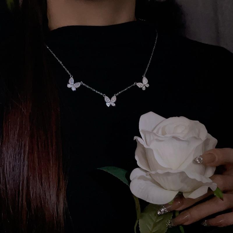 Women s Diamond Butterfly Necklace - Elegant Clavicle Chain with Three Butterflies