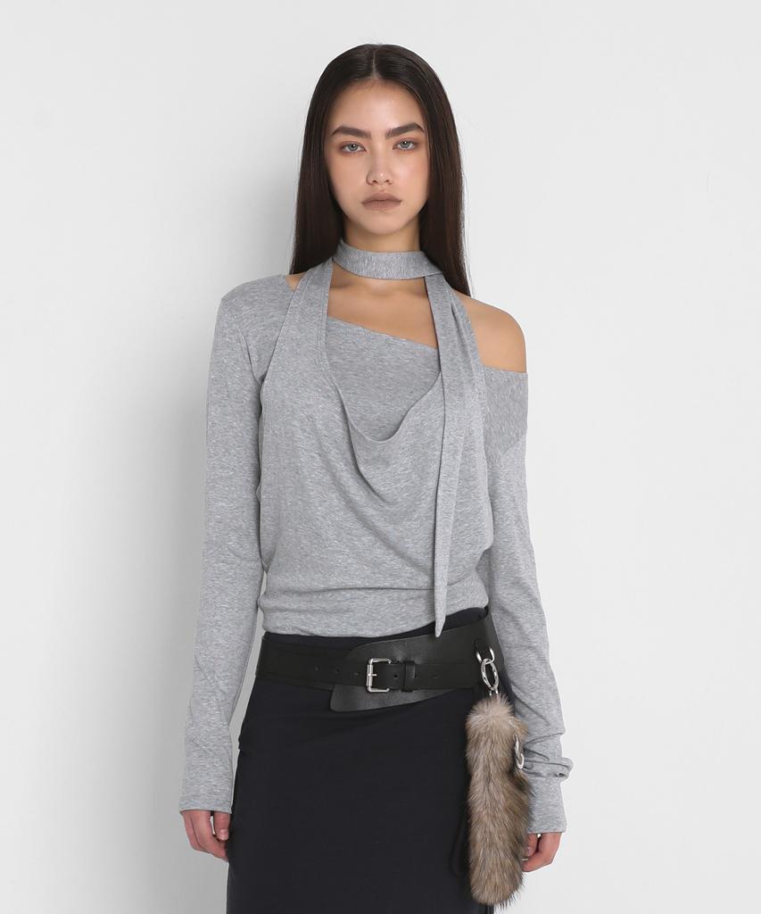 Saendeulig Draped Halter Layered Long Sleeve T-Shirt_Melange Gray