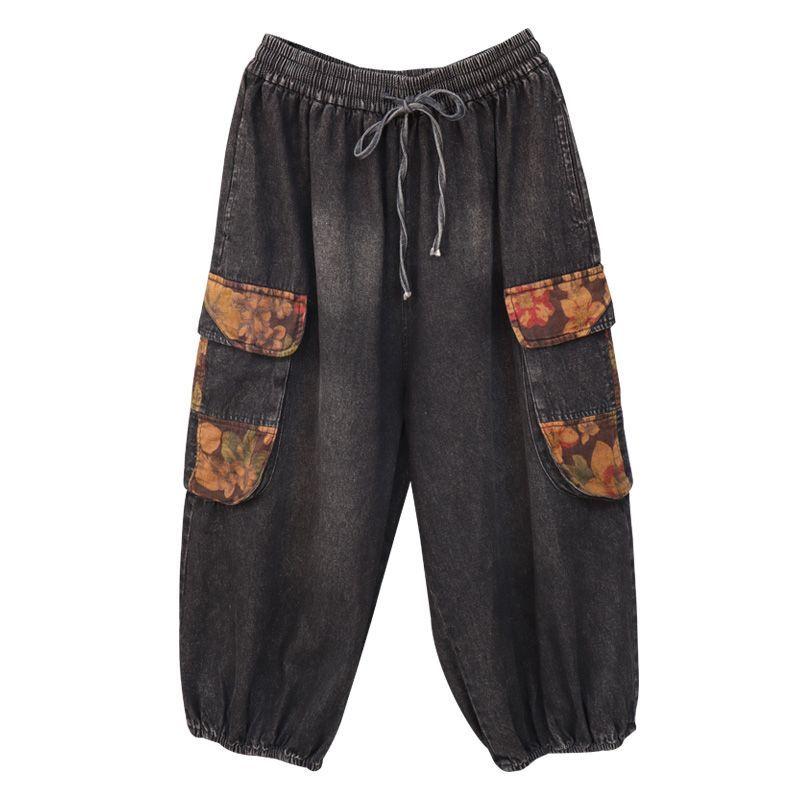 Damen Denim Cargo Hose mit großen Taschen Bedruckte 9/10-Hose Retro Casual Locker Übergröße Gewaschene Weitbein-Hose