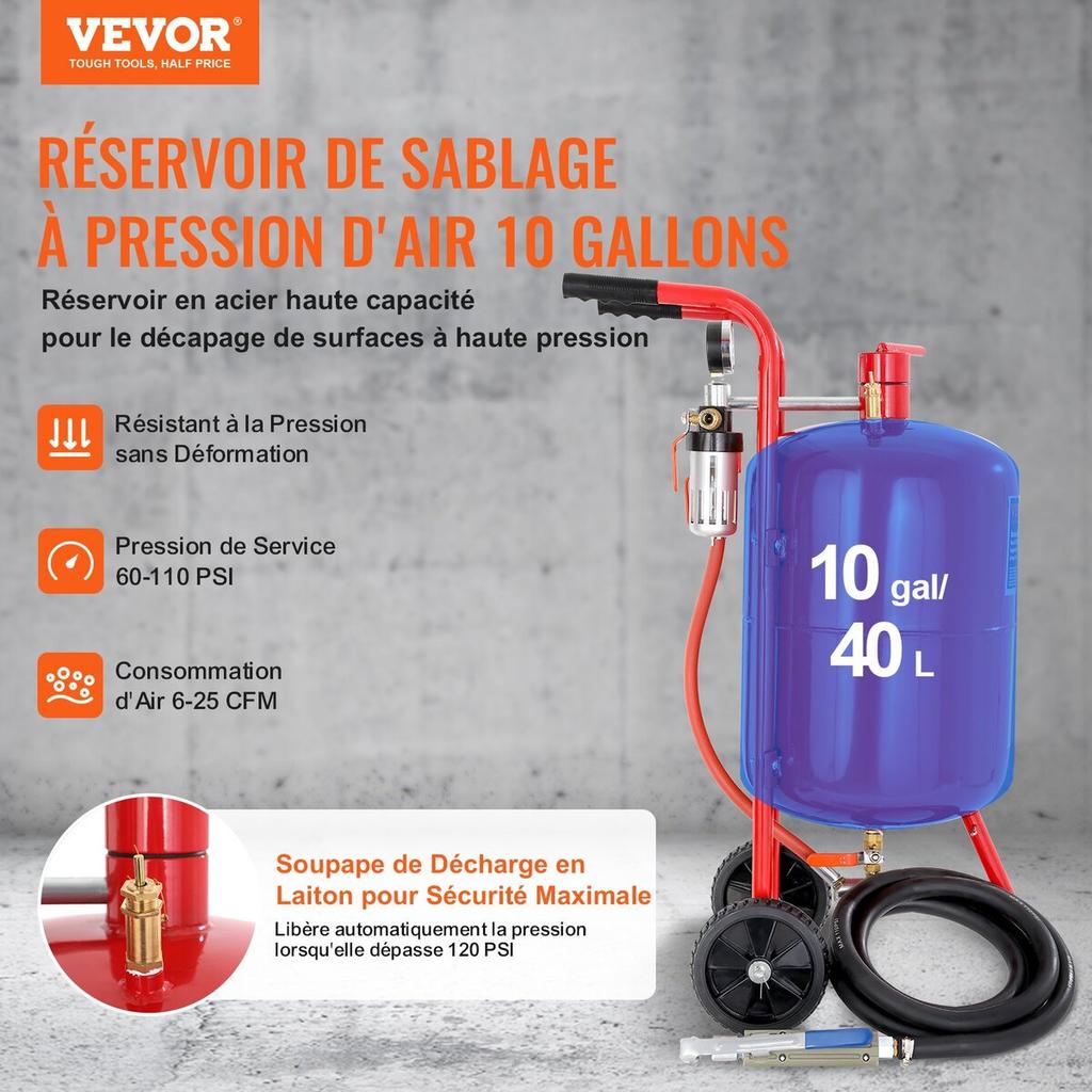 10 Gallon/38L Sandblaster Equipped with Nozzle Shut-Off Valve Pressure Gauge Ceramic Nozzle Rubber Wheels Grit Blasting Blast Sandblasting