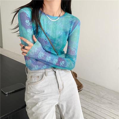 Vêtement de Protection Solaire T-shirt Manches Longues Intérieur Tie-Dye Femme Été Débardeur en Maille Fin Soie Glacée Haut Couvrant
