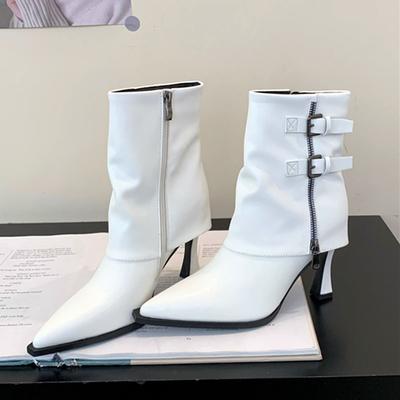 Fashion New Double Buckle Ankle Boots Women 2024 High Quality Cozy White Leather Female Party Zip Shoes Thin Heels Pumps Botas Mujer