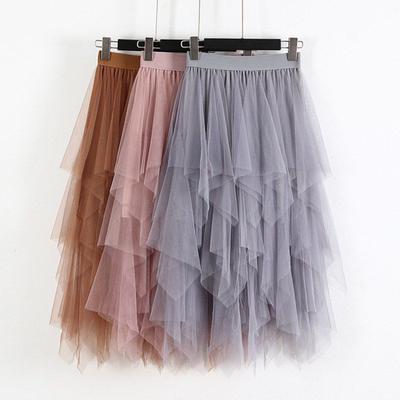 Jupe longue en tulle élastique à taille haute pour femme, jupe tutu en maille à ourlet irrégulier