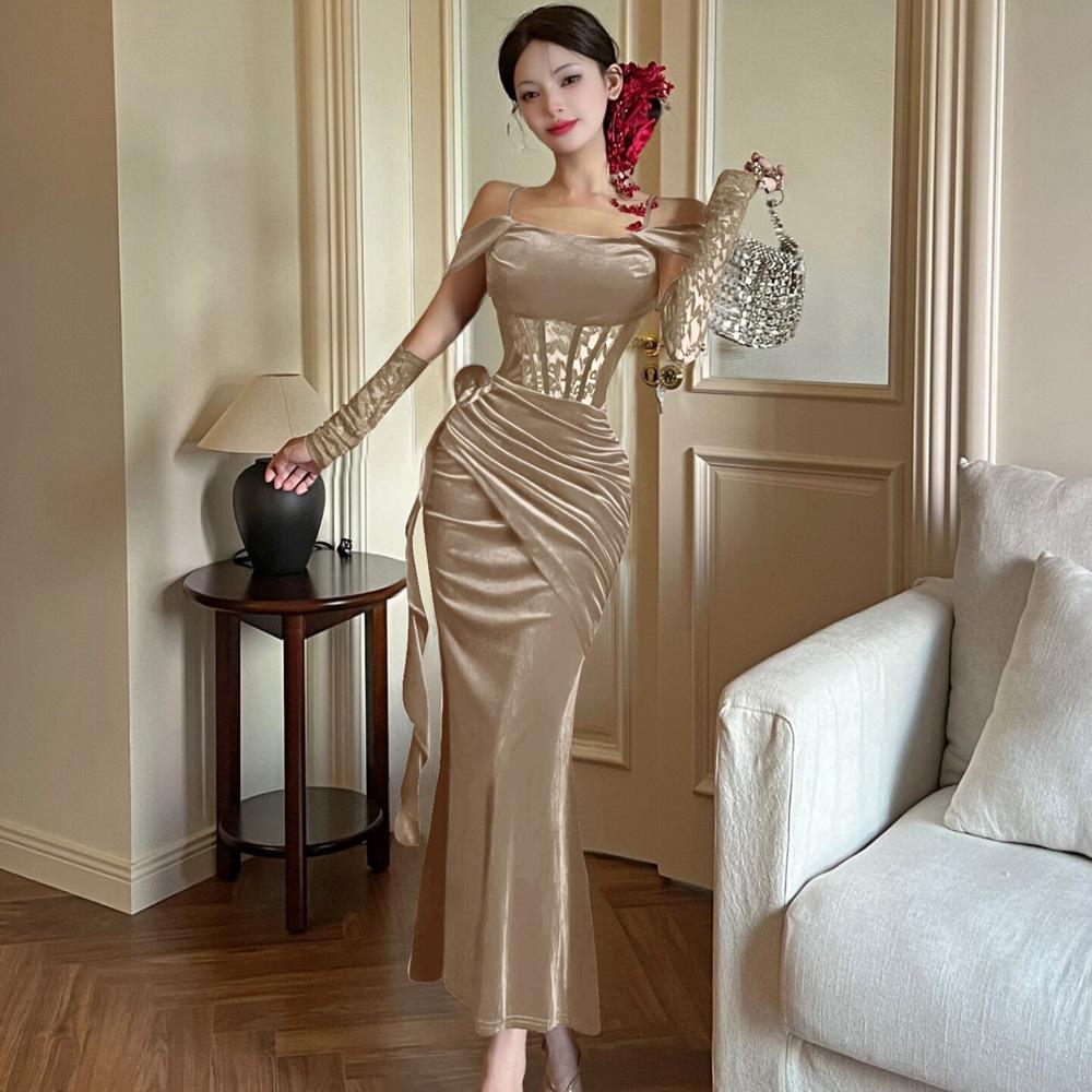 Sexy temperament black dress women's autumn new lace splicing one-word shoulder pleats slim-fitting long skirt women