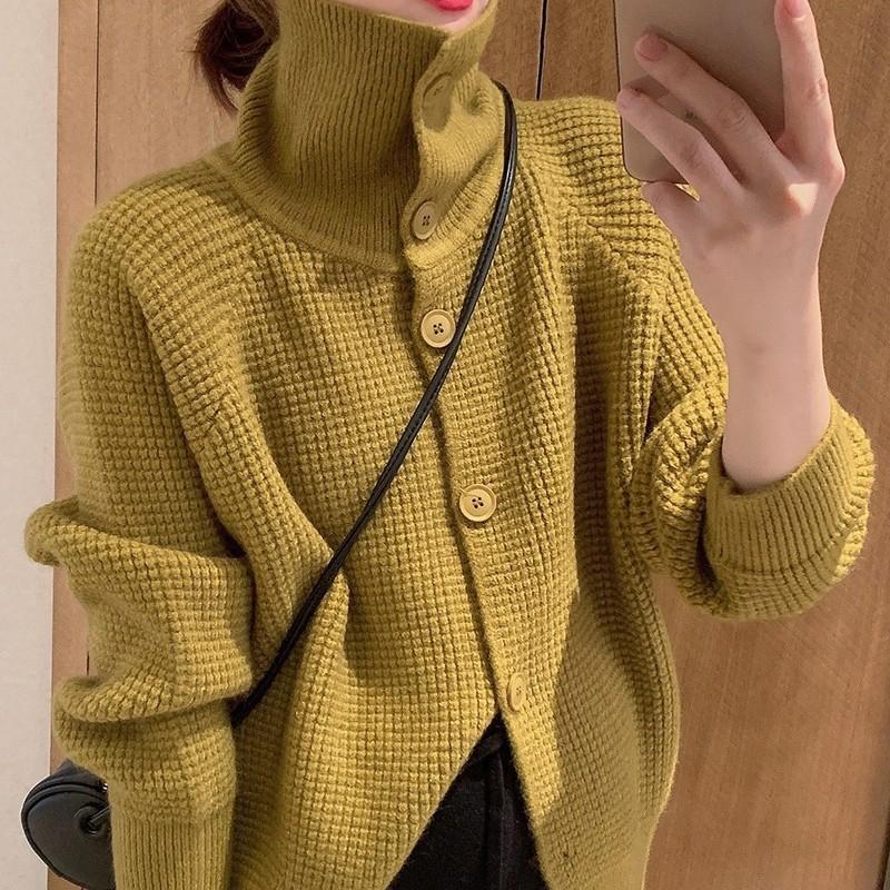 

Вязаный кардиган, женский свободный повседневный свитер с черепаховым воротником и длинными рукавами One size жёлтый