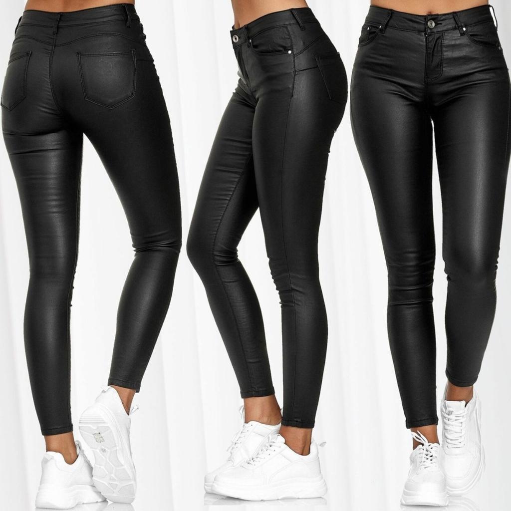 Pantaloni Skinny Donna Vita Alta Colore Unico Ecopelle Pantaloni Moda Casual