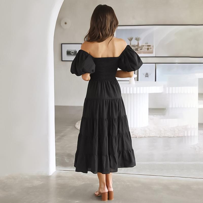 Damen Sommerkleid, Langes Kleid, Blumendruck, Puffärmel, elastisch, lockeres Sommerkleid bis zur Mitte der Wade