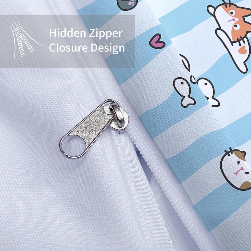 3-piece Down Duvet Cover with Blue Striped Cartoon Cat Pattern Print (1 Down Duvet Cover+2 Pillowcases, No Core) Bedding Set