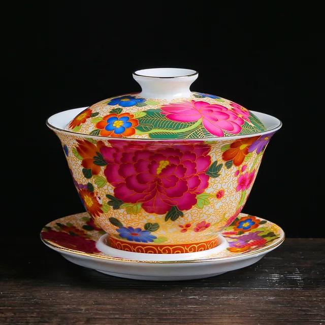

Color Enamel Gaiwan White Porcelain Cover Bowl Golden Kung Fu Tea Set Handpainted Peony Flower Tureen Travel Teaware